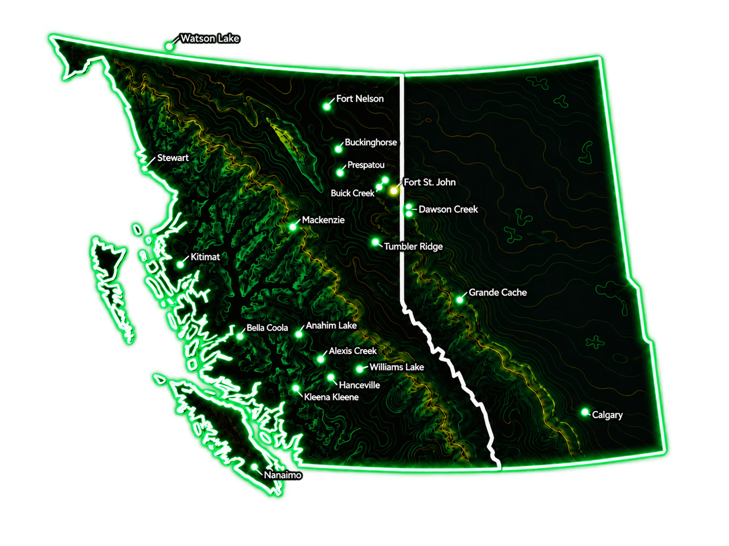 Map of British Columbia and Alberta showing towns where Alpha Training has delivered on-site courses — from Watson Lake and Fort Nelson to Calgary, and Nanaimo to Bella Coola, with Fort St. John as home base