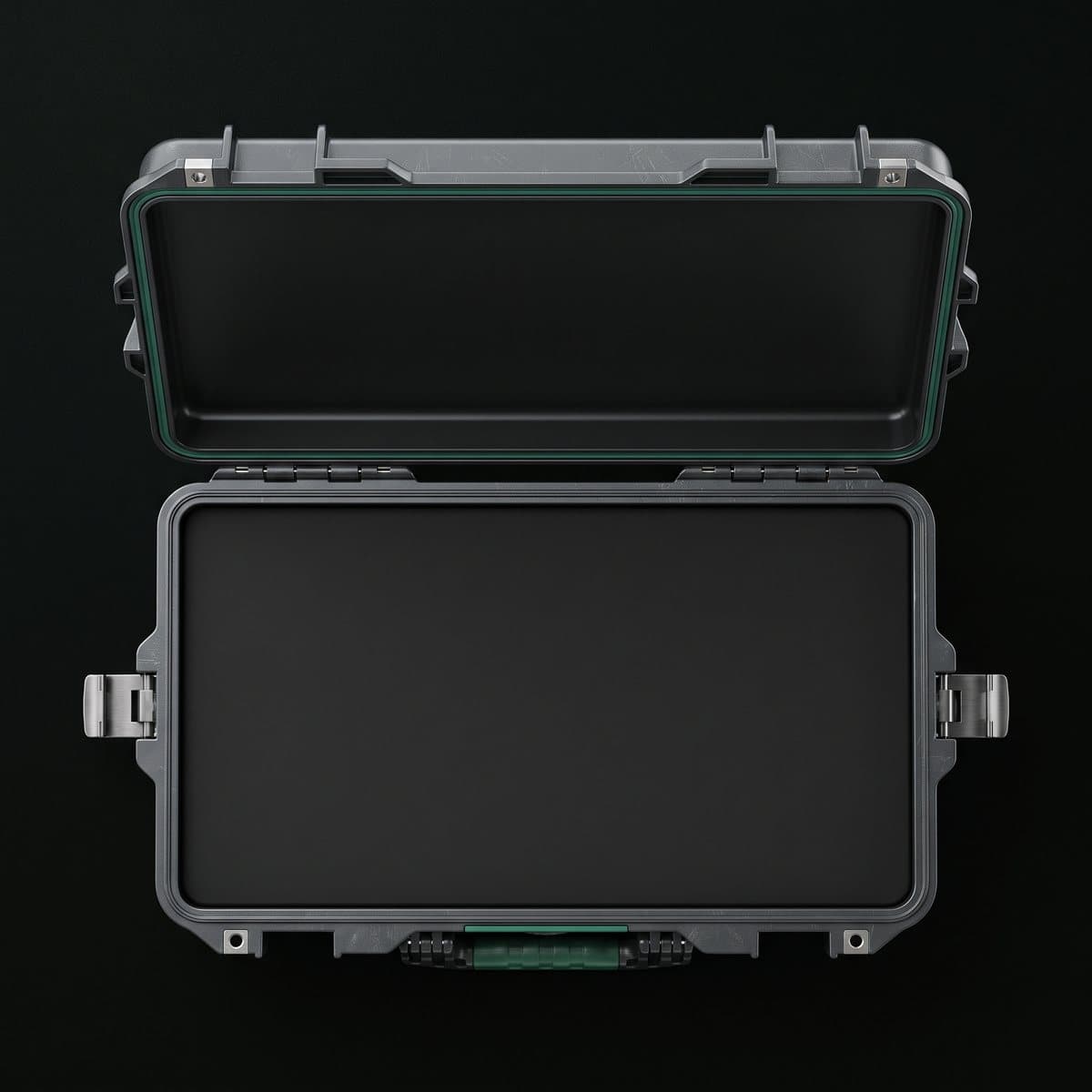 An open fall protection case with a harness, lanyards, a beam clamp and a carabiner in the foam