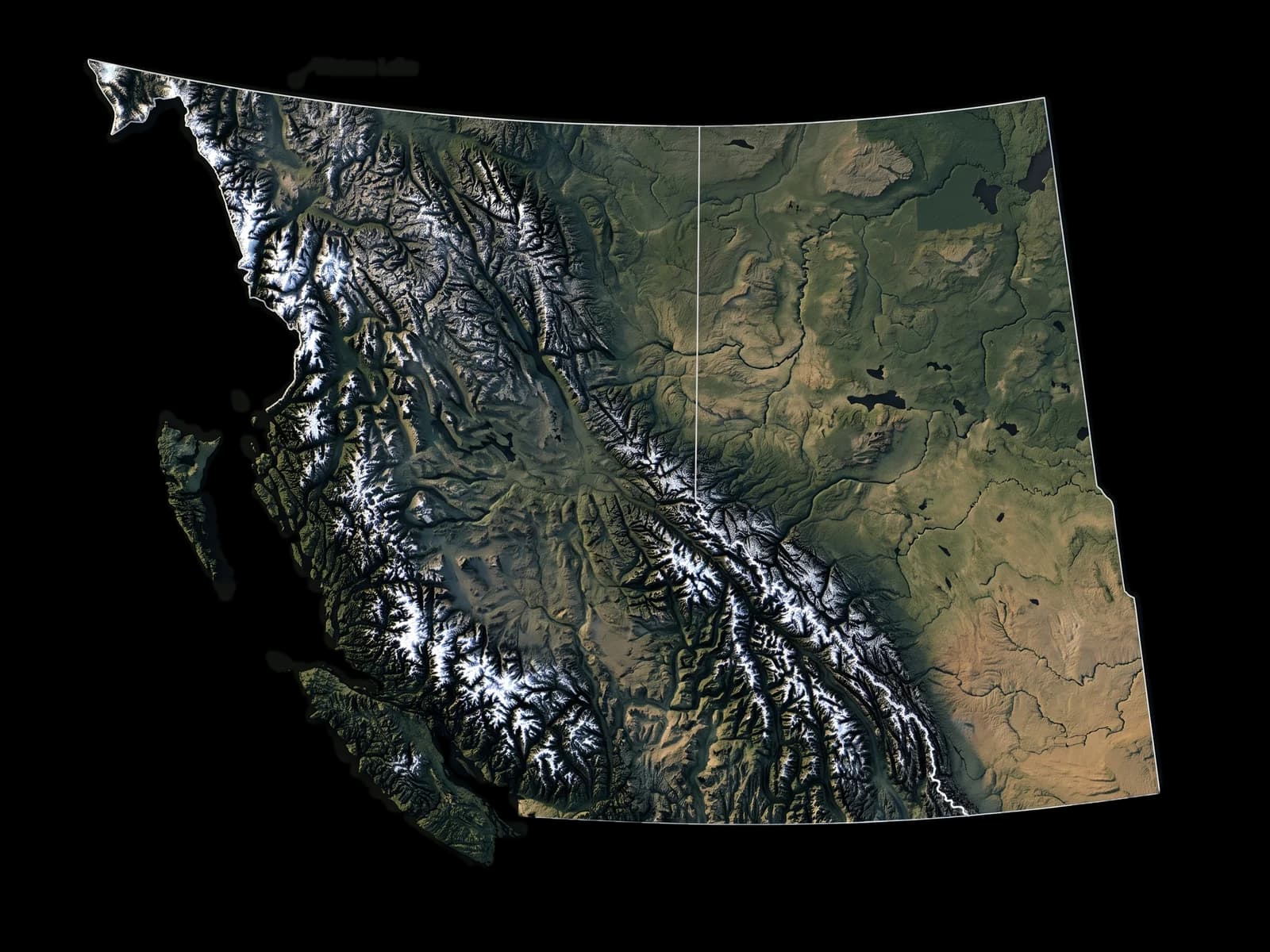 A 3D relief map of British Columbia and Alberta with routes from Fort St. John to the towns where we have taught on-site courses