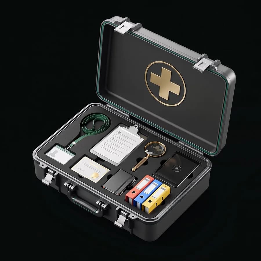 An open first aid case with a clipboard, binders, lanyard and phone laid in the foam