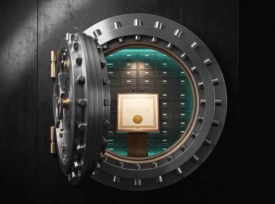An open bank vault door with a framed certificate on a stand inside